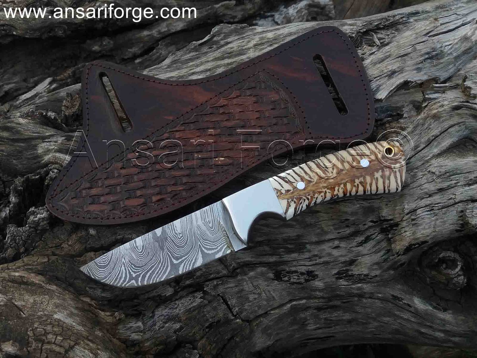 " Range Rider " Custom Made Fixed Blade Damascus Steel Cowboy Knife With Pancake Leather Sheath & Pine Cone Handle.
