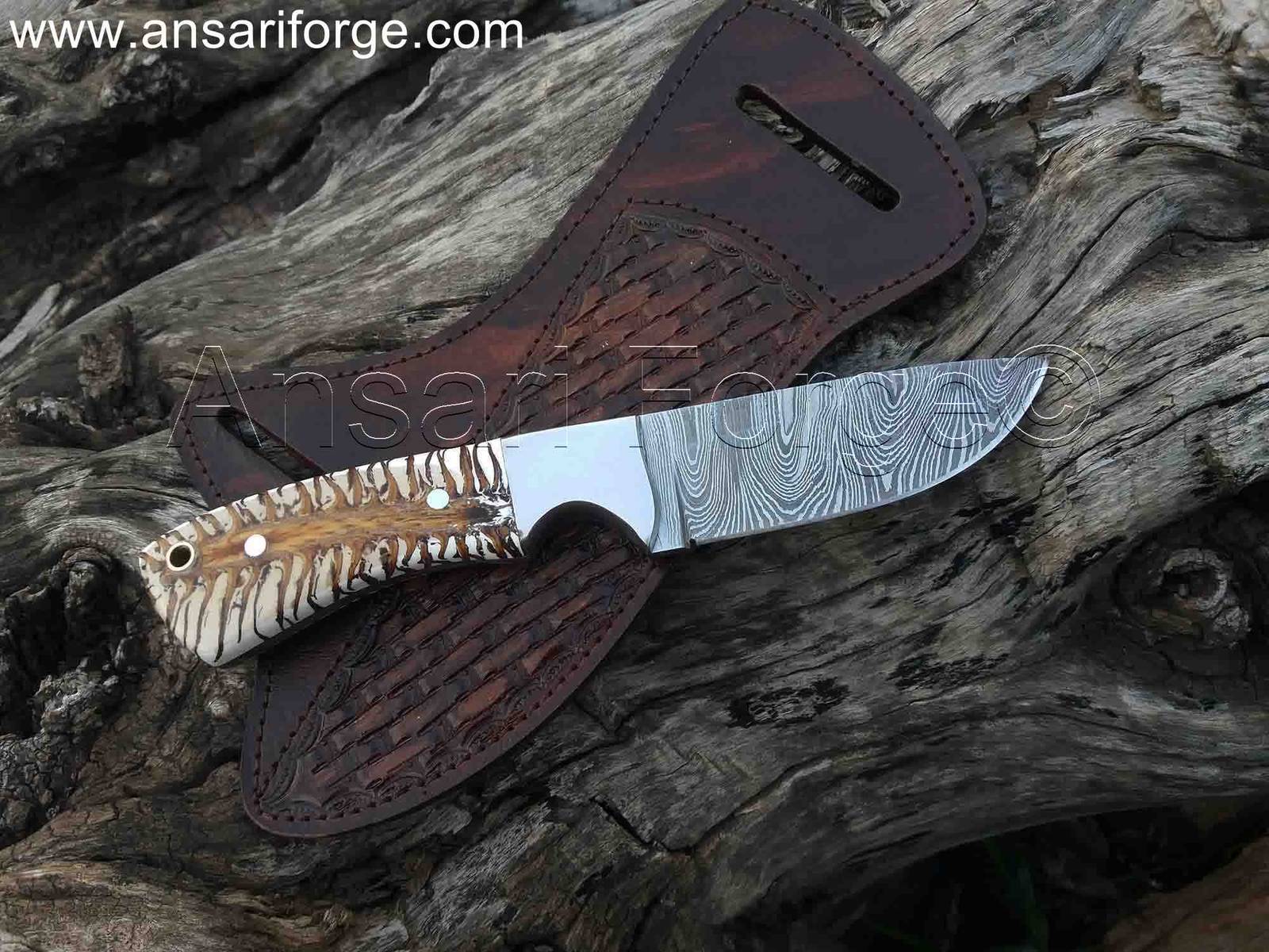 Custom cowboy knife for sale with Damascus steel and pine cone handle & pancake leather sheath.