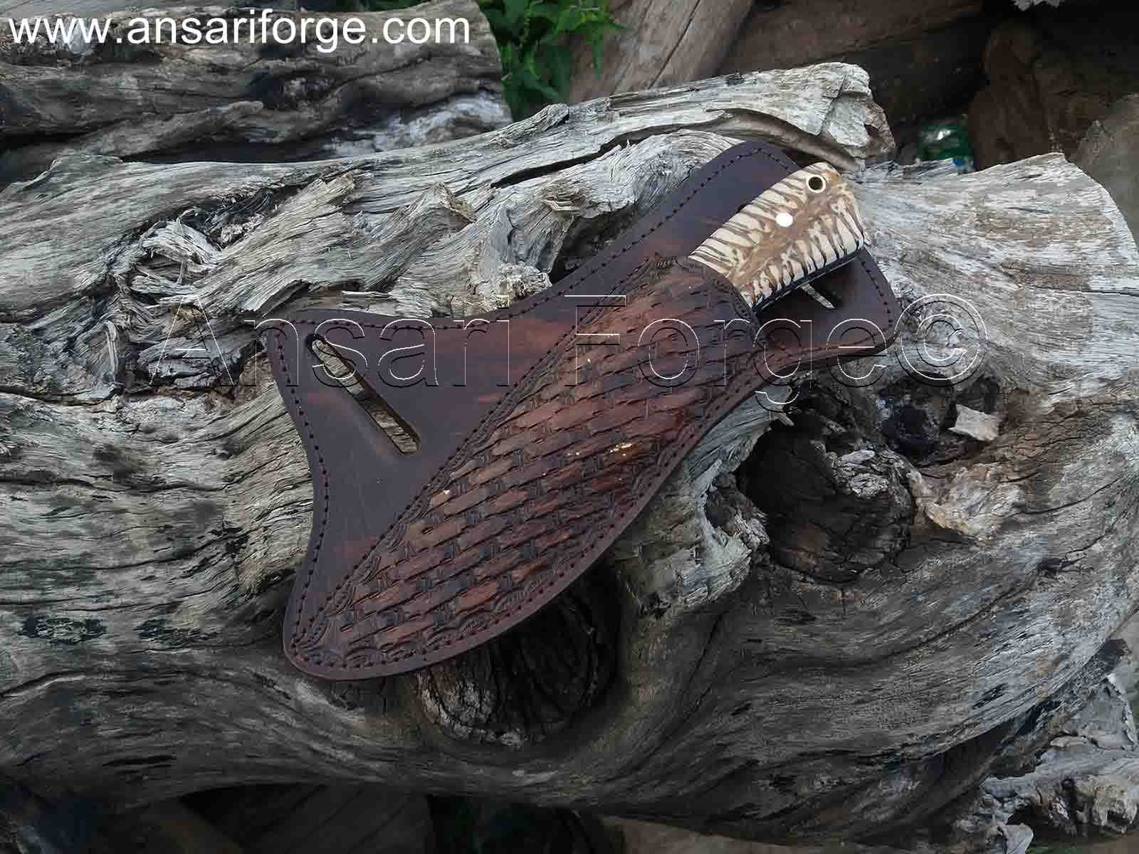 The Range Rider cowboy knife with a genuine cowhide leather cross draw carry pancake sheath.