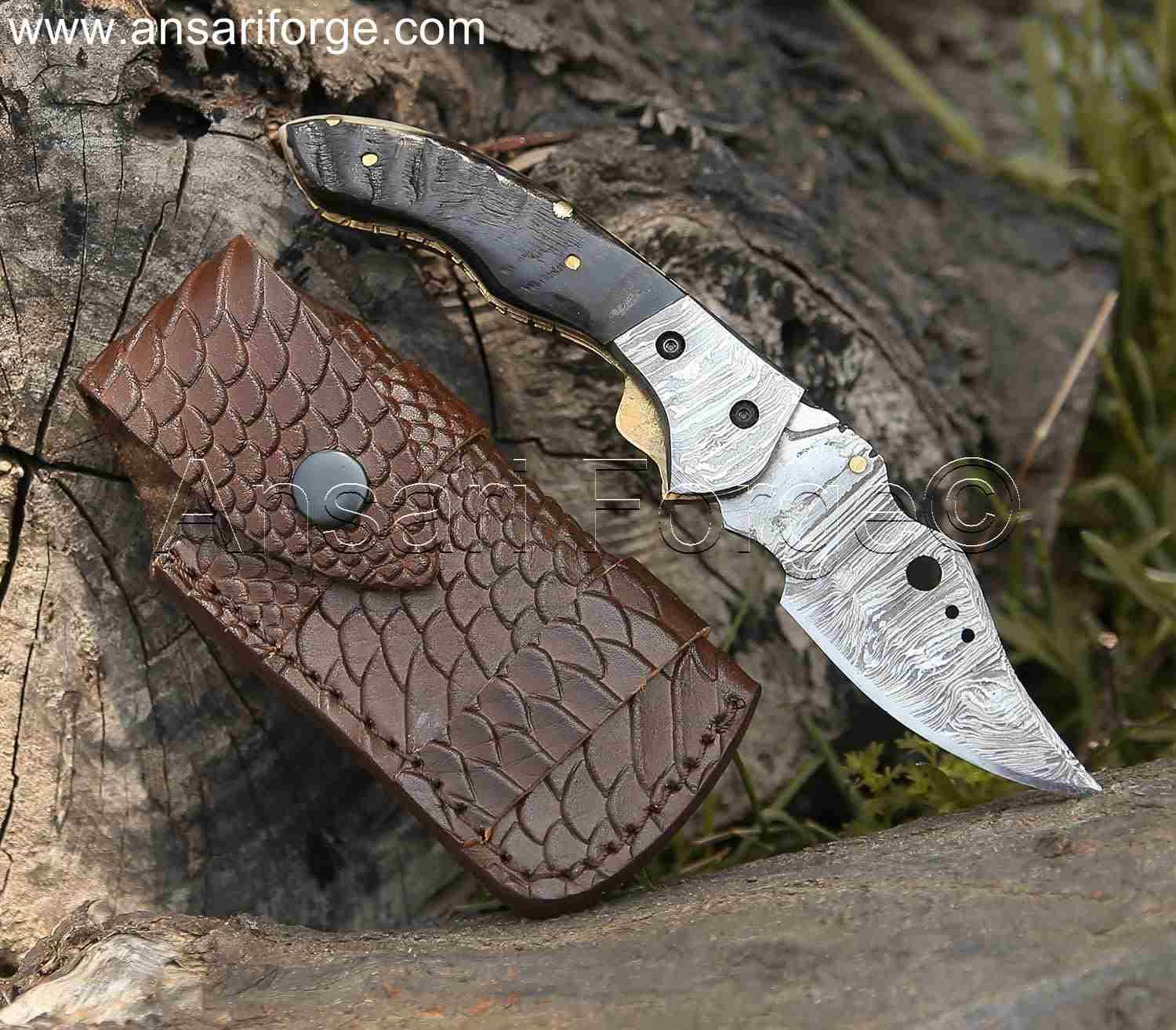 Damascus Pocket Knife, Liner Lock Folder With Horn Handle And Sheath.