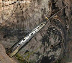 Damascus Pocket Knife by Ansari Forge with a 1095 & 15n20 Damascus steel blade, Himalayan sheep horn handle, and brass frame. Featuring a fire pattern, liner lock mechanism, and leather sheath.