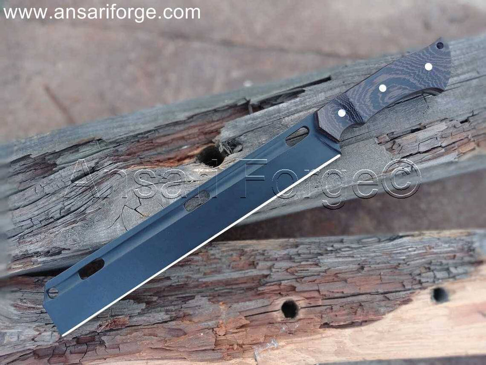 Handmade Bushcutter Machete Knife by Ansari Forge with 13-inch black-coated steel blade and wenge wood handle.
