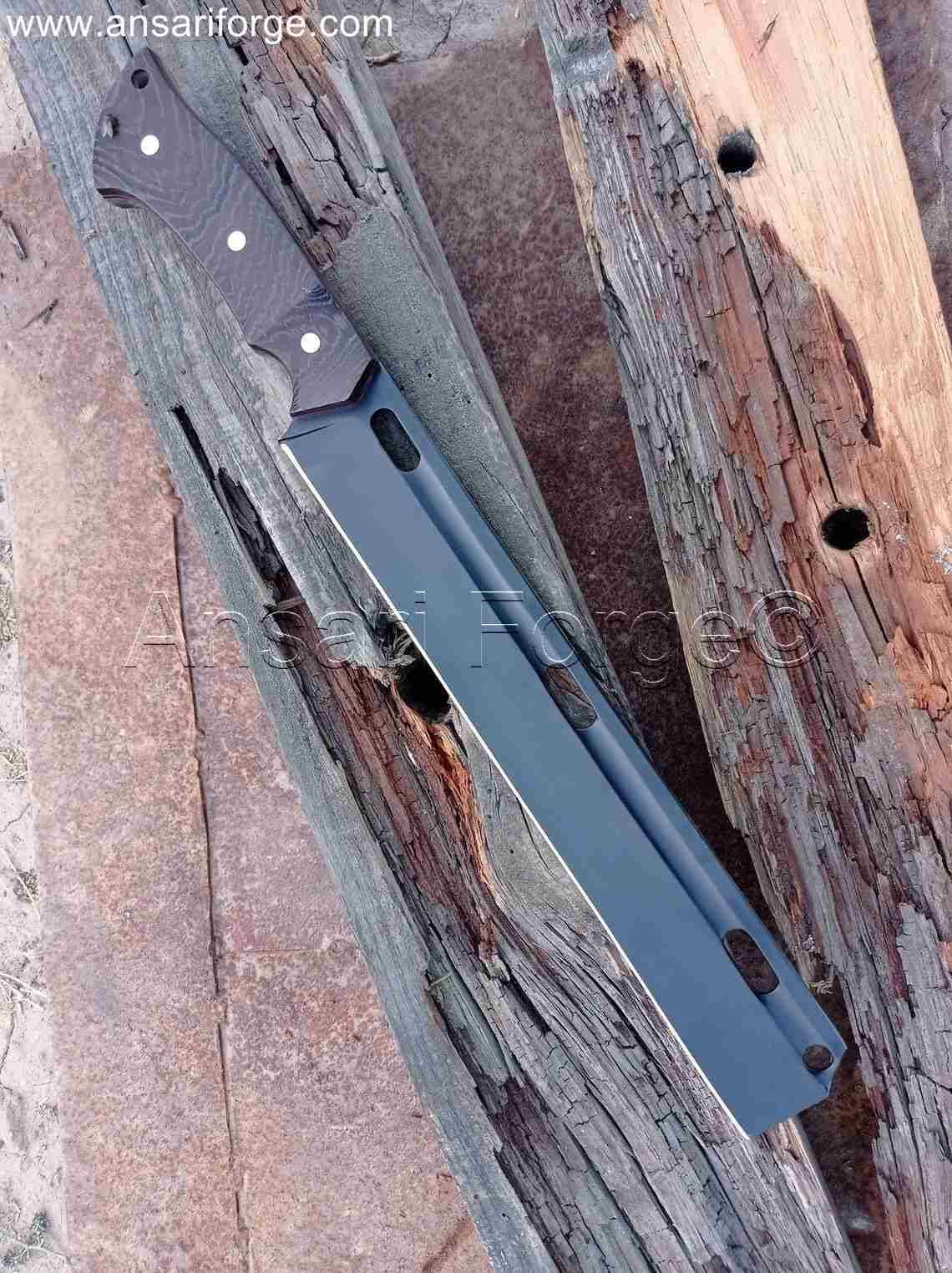 Hand-forged Bushcutter machete knife by Ansari Forge with 13-inch black-coated steel blade and wenge wood handle, genuine cowhide leather sheath.