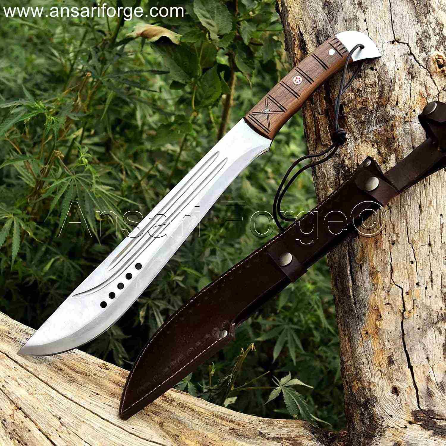 Hand-forged high carbon steel machete knife with walnut wood handle and leather sheath.