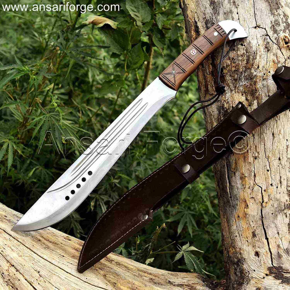 Hand-forged high carbon steel machete knife with walnut wood handle and leather sheath.