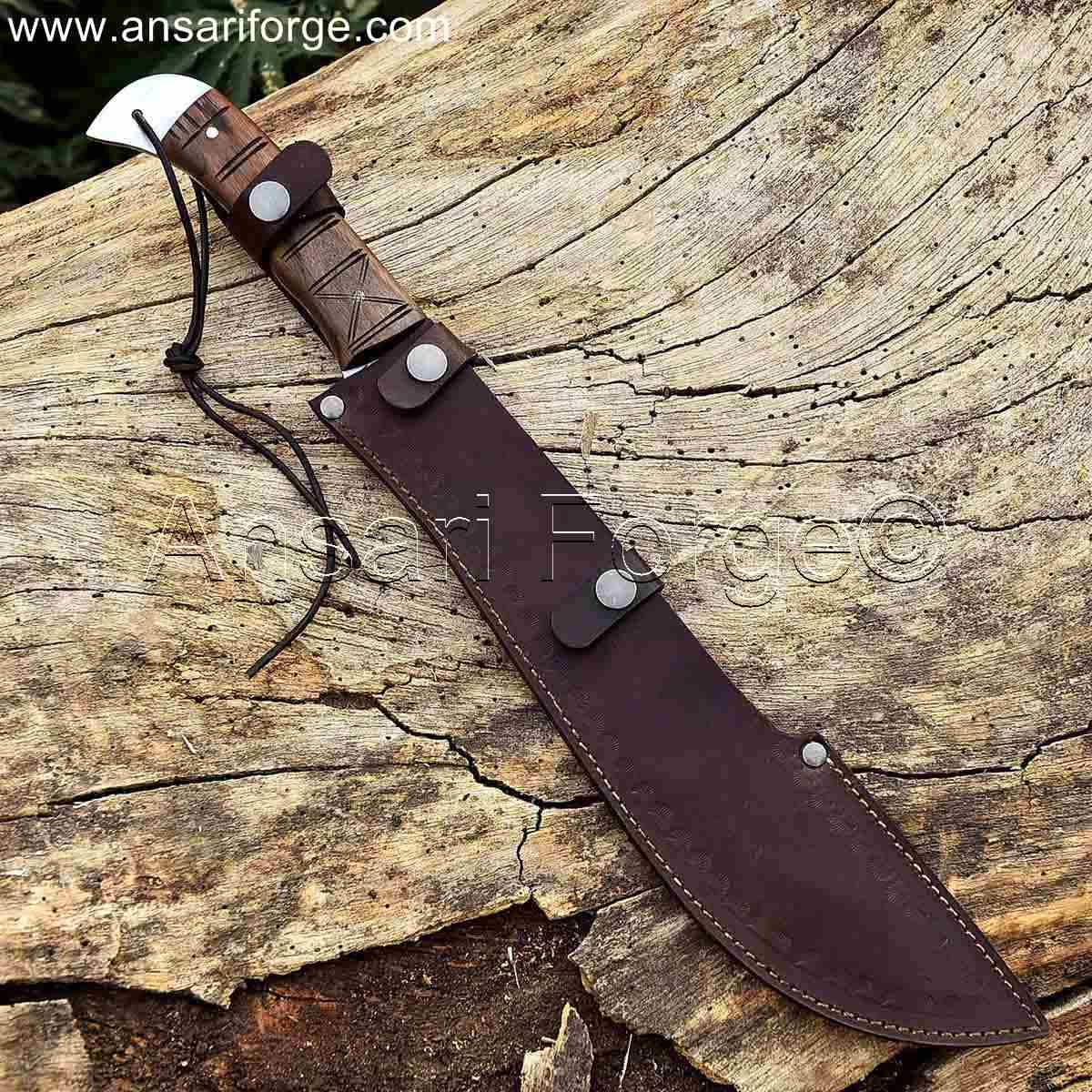 Survival machete knife with leather sheath and high carbon steel blade.
