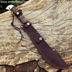 Survival machete knife with leather sheath and high carbon steel blade.