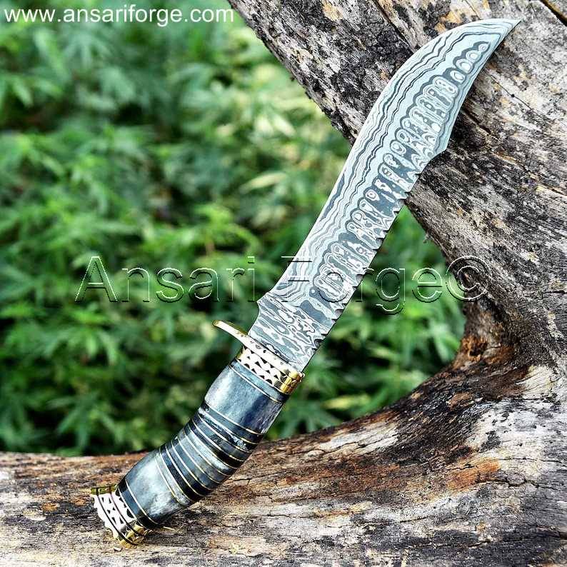 Damascus Bowie Hunting Knife with a genuine leather sheath.