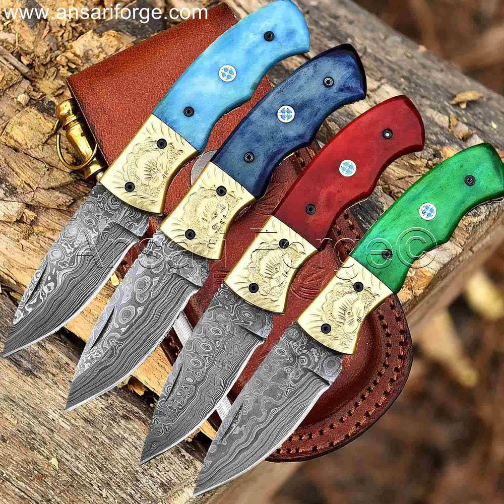 Handmade Damascus Pocket Knife With Clip, Bone Handle, Sheath & Sharpener - Best EDC Folding Knife For Hunting & Camping.