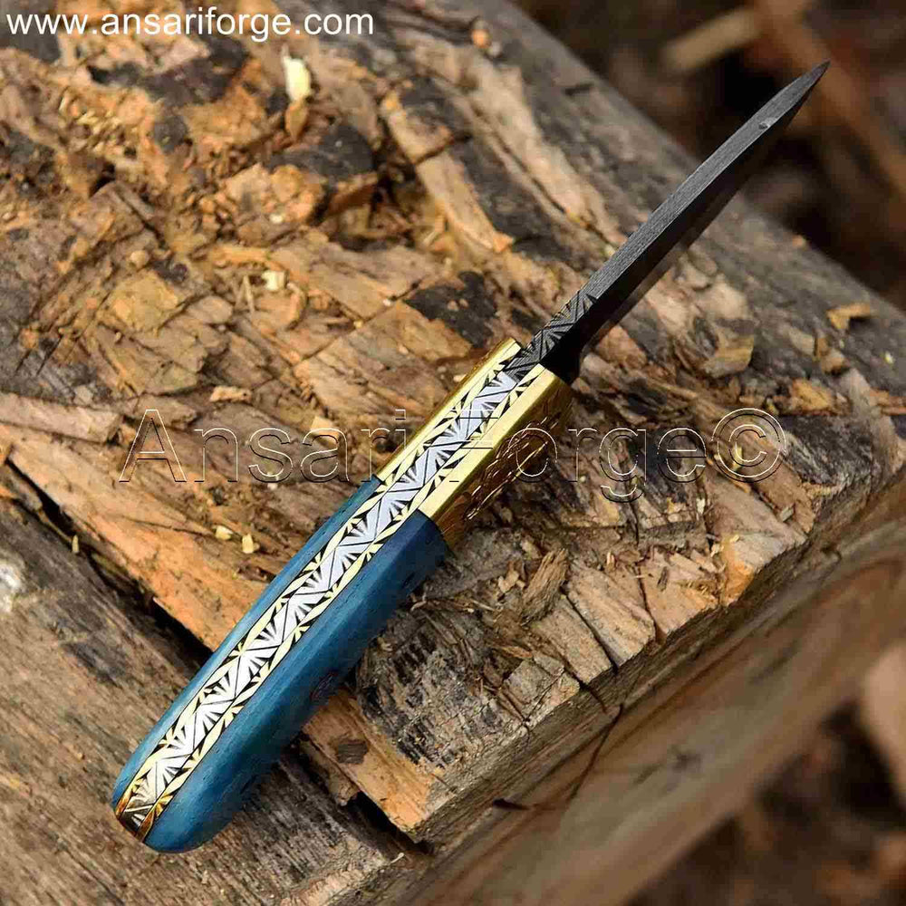 Damascus Pocket Knife with File Work Stainless Steel Spine.