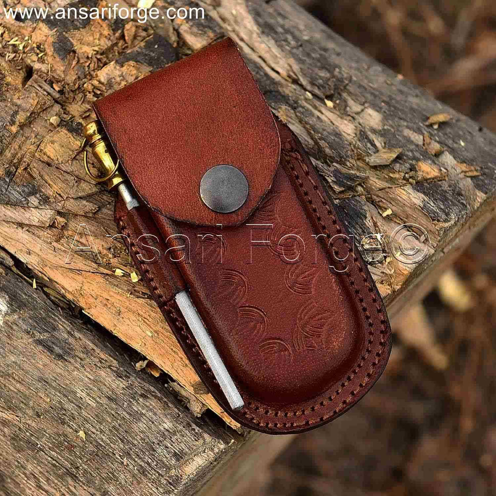 Damascus Pocket Knife with Genuine Leather Sheath and Sharpener.