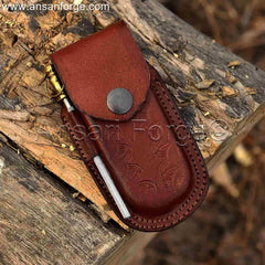Damascus Pocket Knife with Genuine Leather Sheath and Sharpener.