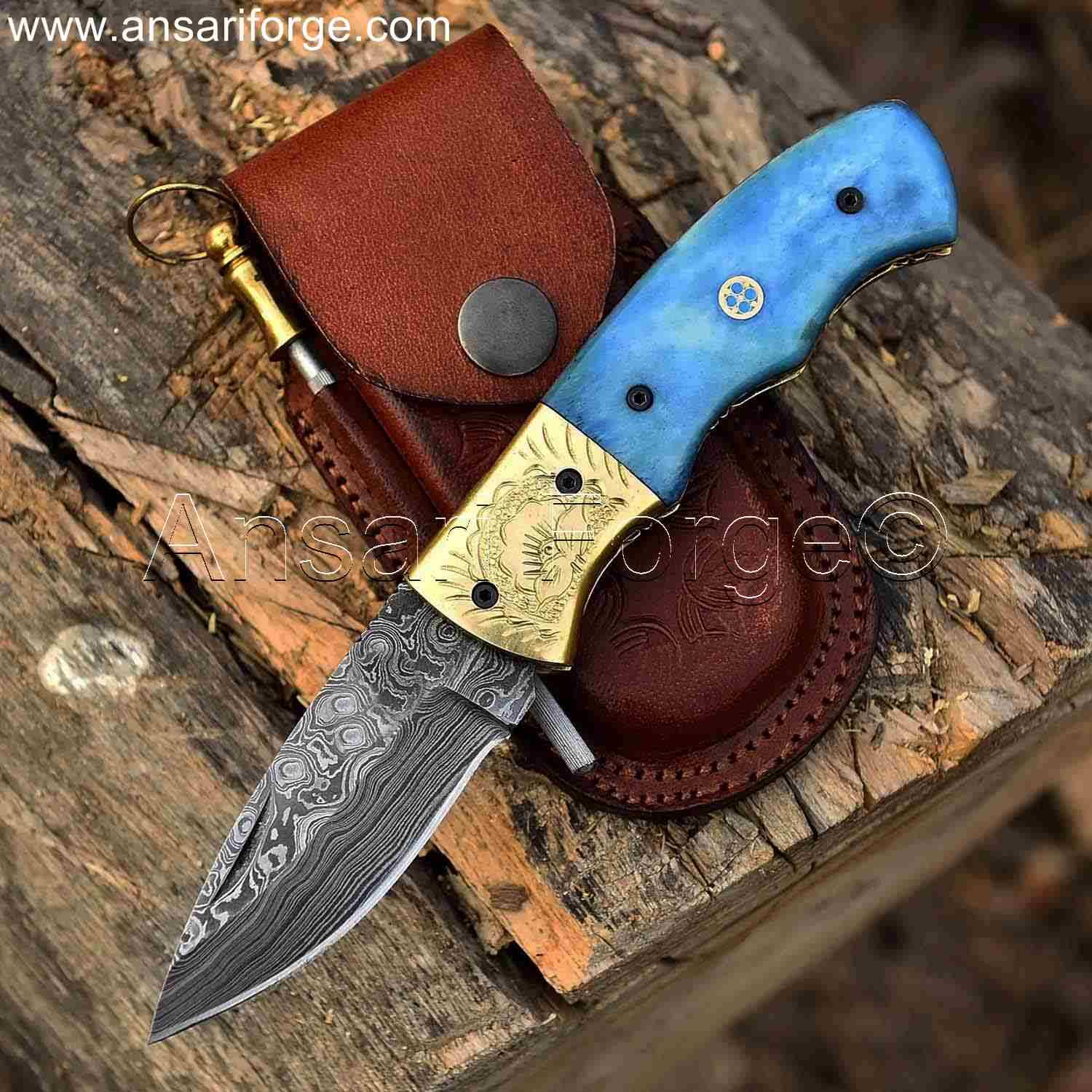 Damascus Folding Pocket Knife with Camel Bone Handle ( Sky blue).