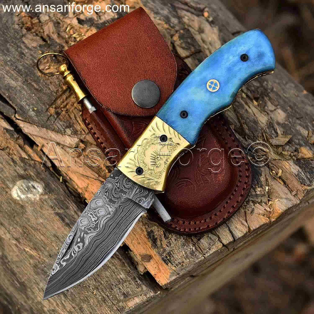 Damascus Folding Pocket Knife with Camel Bone Handle ( Sky blue).