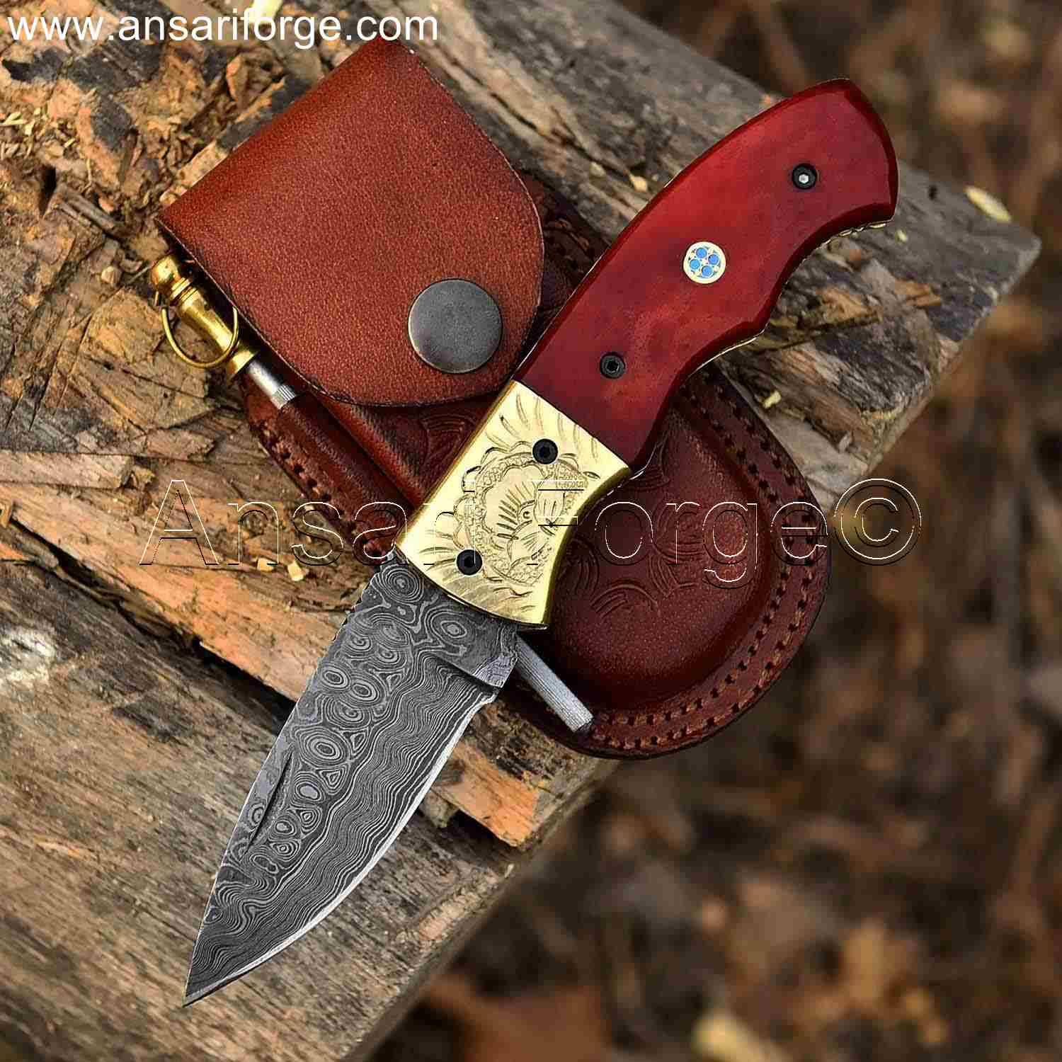 Damascus Steel Pocket Knife with Hand-Engraved Brass Bolsters ( Red).