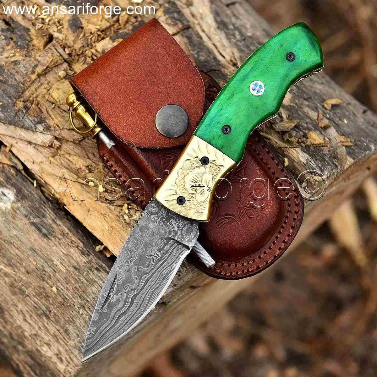 Custom Damascus Pocket Knife with Green Camel Bone Handle.