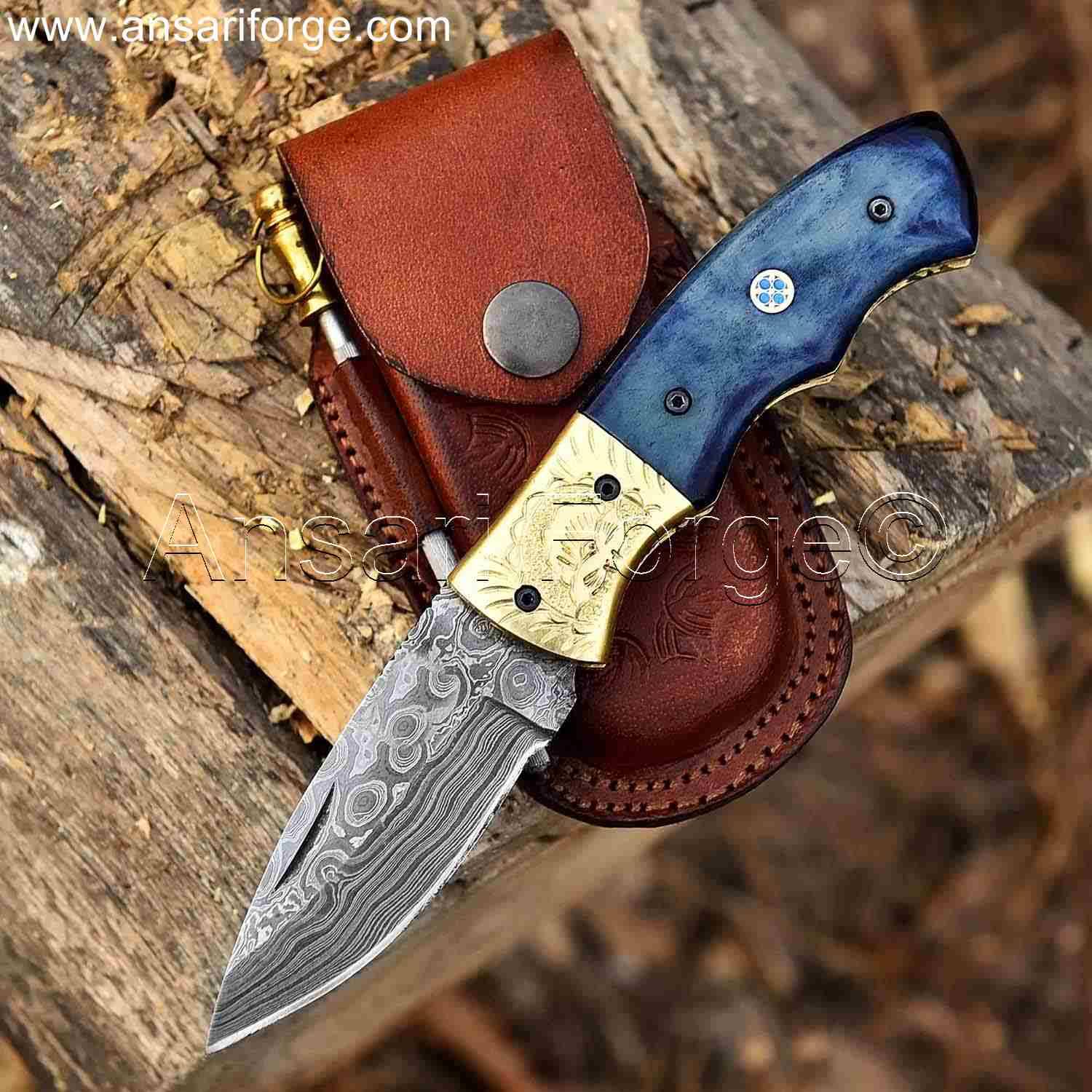 Handmade Damascus Pocket Knife With Clip, Bone Handle, Sheath & Sharpener - Best EDC Folding Knife For Hunting & Camping