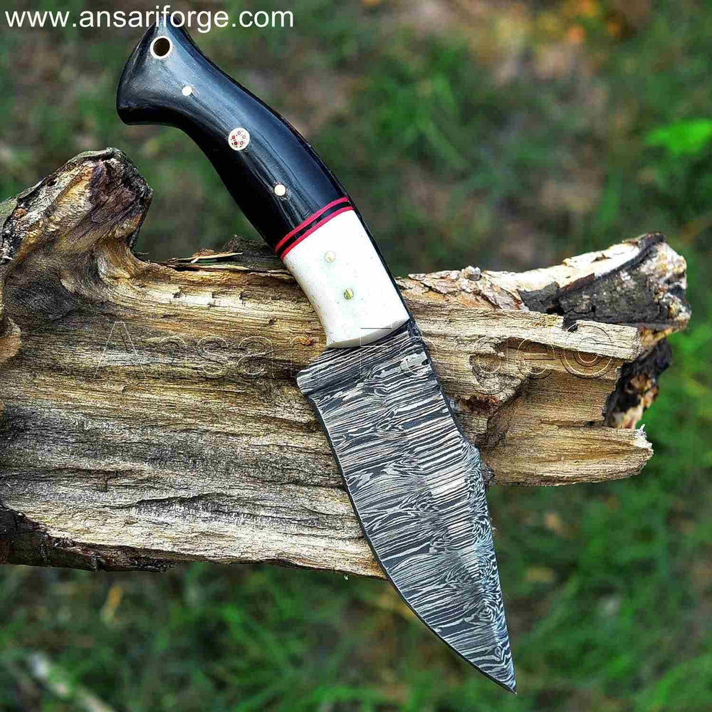 Damascus hunting knife with camel bone bolsters and buffalo horn handle.