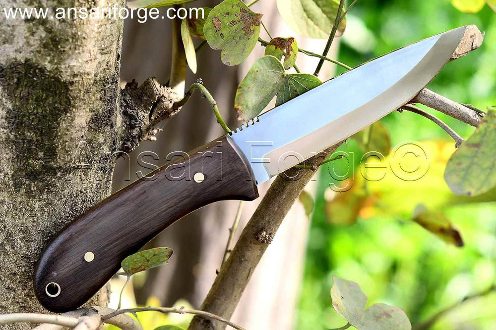 Hand-forged bushcraft knife with a 1095 high carbon steel blade and rosewood handle.