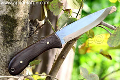 Hand-forged bushcraft knife with a 1095 high carbon steel blade and rosewood handle.