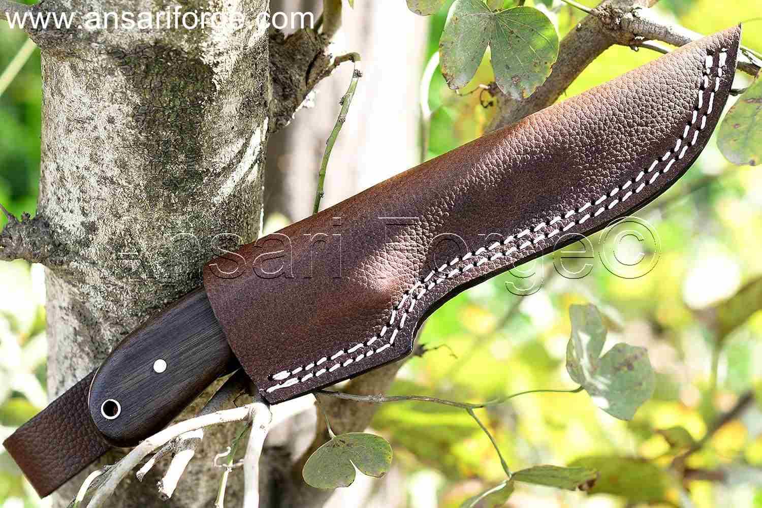 Top quality bushcraft knife with a leather sheath.