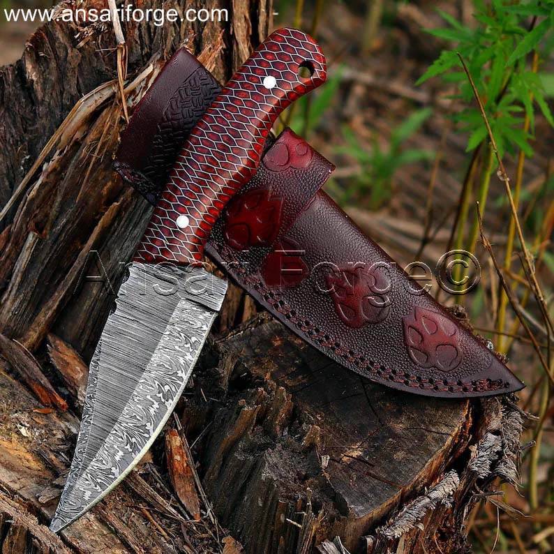 Handmade Damascus hunting knife with red honeycomb handle and full tang blade.