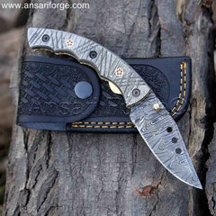 Damascus Pocket Knife - Handmade Damascus Steel Folding Blade Knife, Top Quality EDC, Hunting, and Camping Folder with leather sheath.