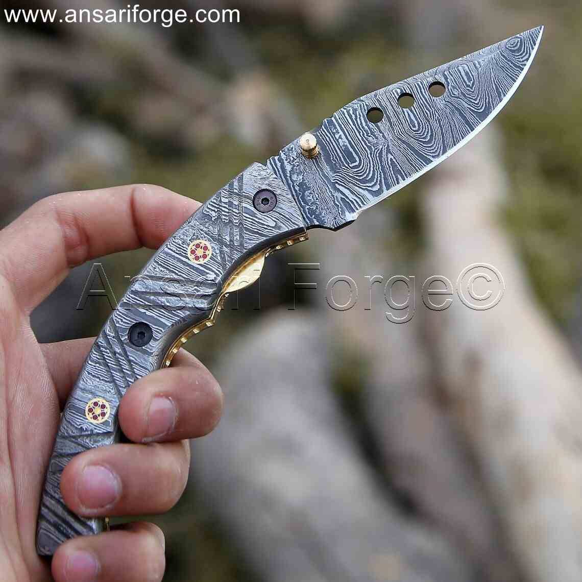 Damascus Steel Pocket Knife with ergonomic design for a comfortable grip.