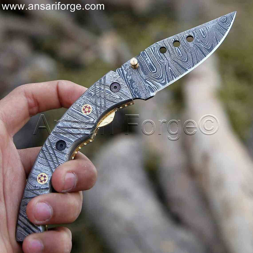 Damascus Steel Pocket Knife with ergonomic design for a comfortable grip.