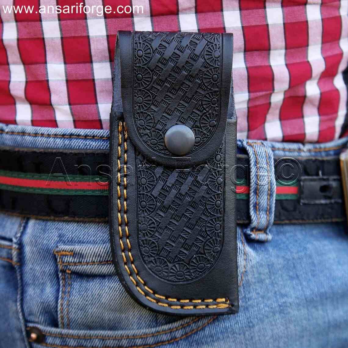 Handmade leather sheath for Damascus Pocket Knife.