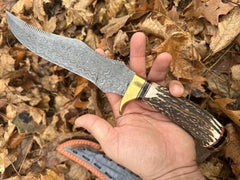 Handmade Forged Damascus Steel Hunting Knife EDC With Original Stag Antler Handle