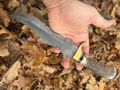 13 Inches Custom Handmade Rain Drop Damascus Steel Bowie Hunting Knife Stag Antler Handle