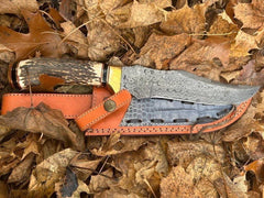 13 Inches Custom Handmade Rain Drop Damascus Steel Bowie Hunting Knife Stag Antler Handle