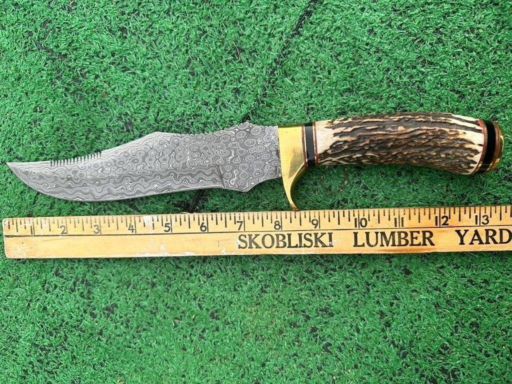 13 Inches Custom Handmade Rain Drop Damascus Steel Bowie Hunting Knife Stag Antler Handle
