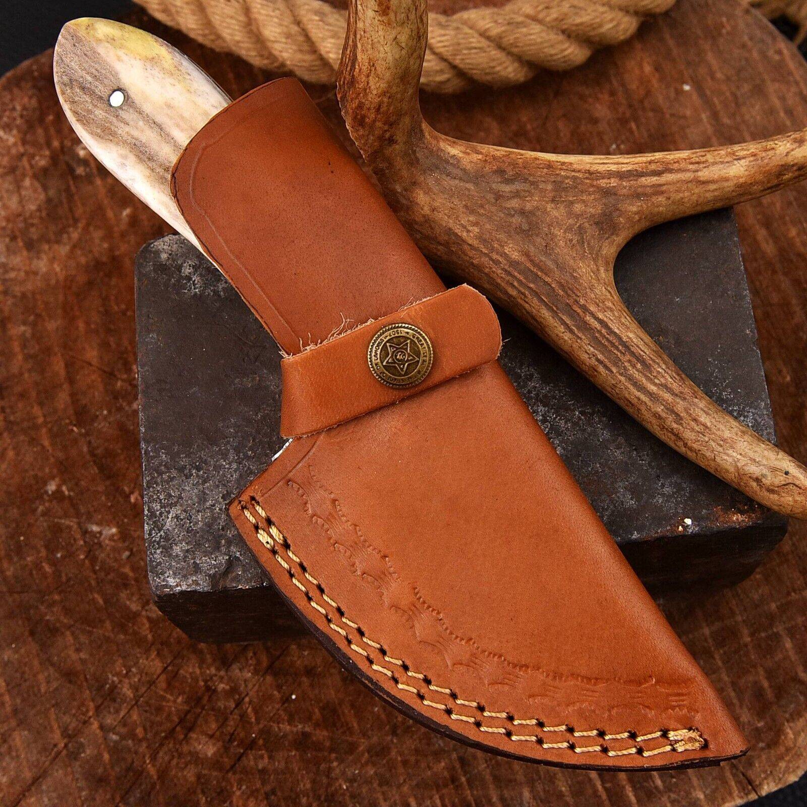 Deer Hunter Stag Handle Damascus Steel Gutting Gut Hook Knife