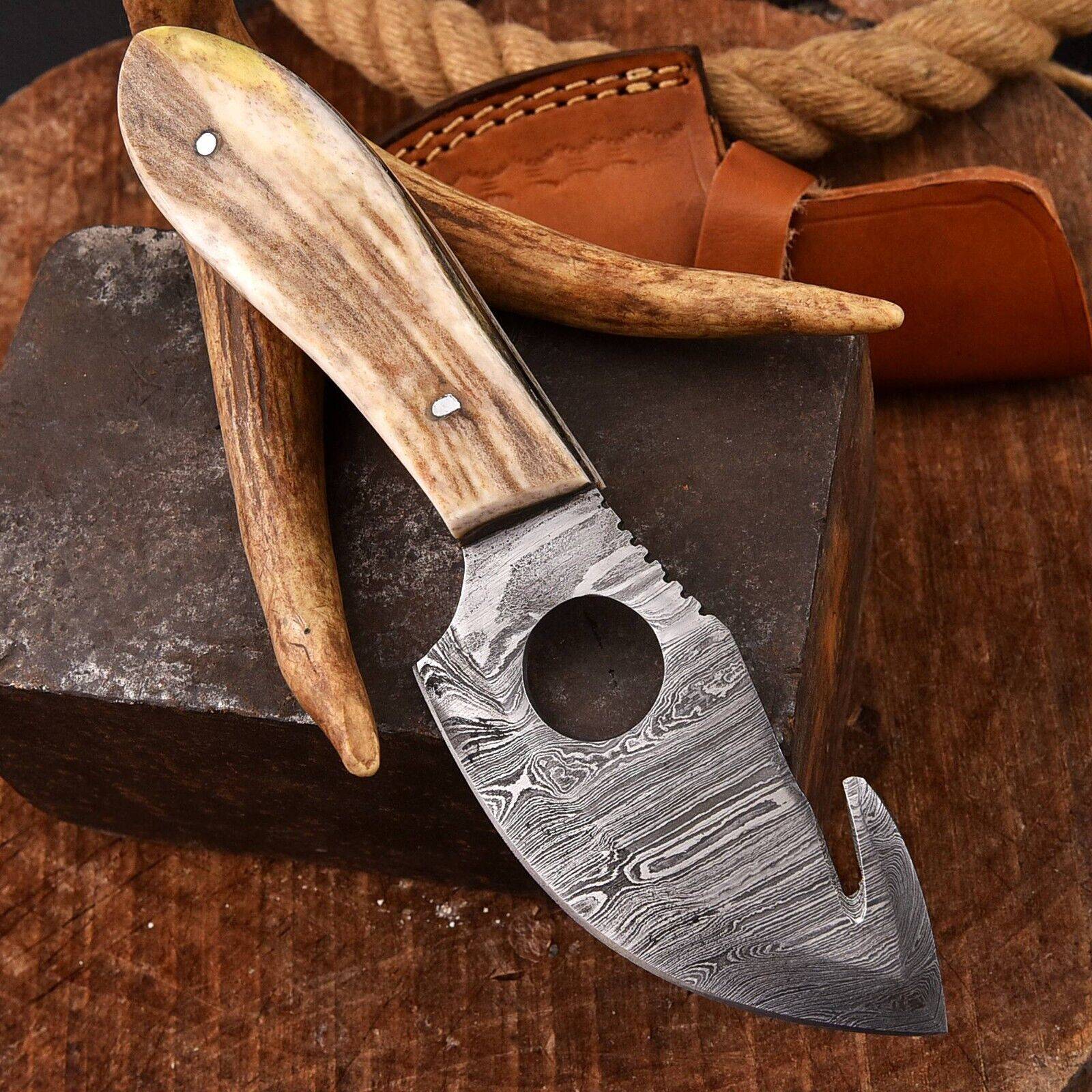 Deer Hunter Stag Handle Damascus Steel Gutting Gut Hook Knife