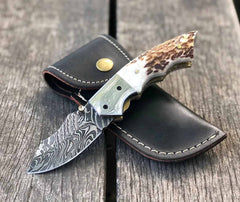Damascus Pocket Knife Stag Antler Handle Twist Folding Blade