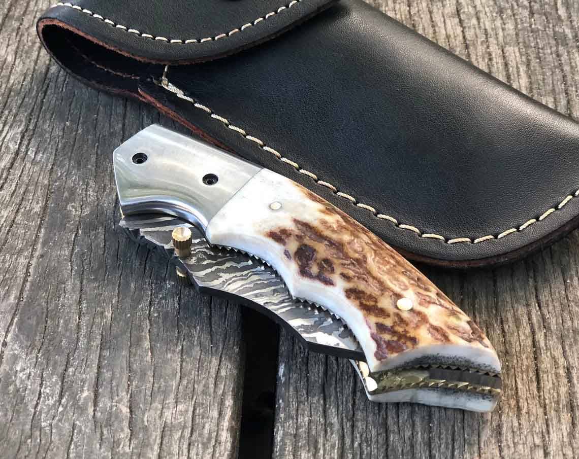 Damascus Pocket Knife Stag Antler Handle Twist Folding Blade