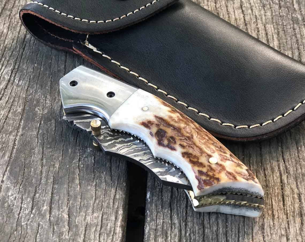 Damascus Pocket Knife Stag Antler Handle Twist Folding Blade