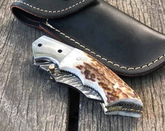 Damascus Pocket Knife Stag Antler Handle Twist Folding Blade