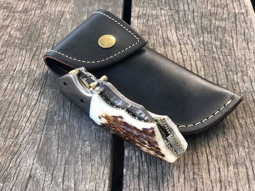 Damascus Pocket Knife Stag Antler Handle Twist Folding Blade