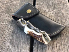 Damascus Pocket Knife Stag Antler Handle Twist Folding Blade