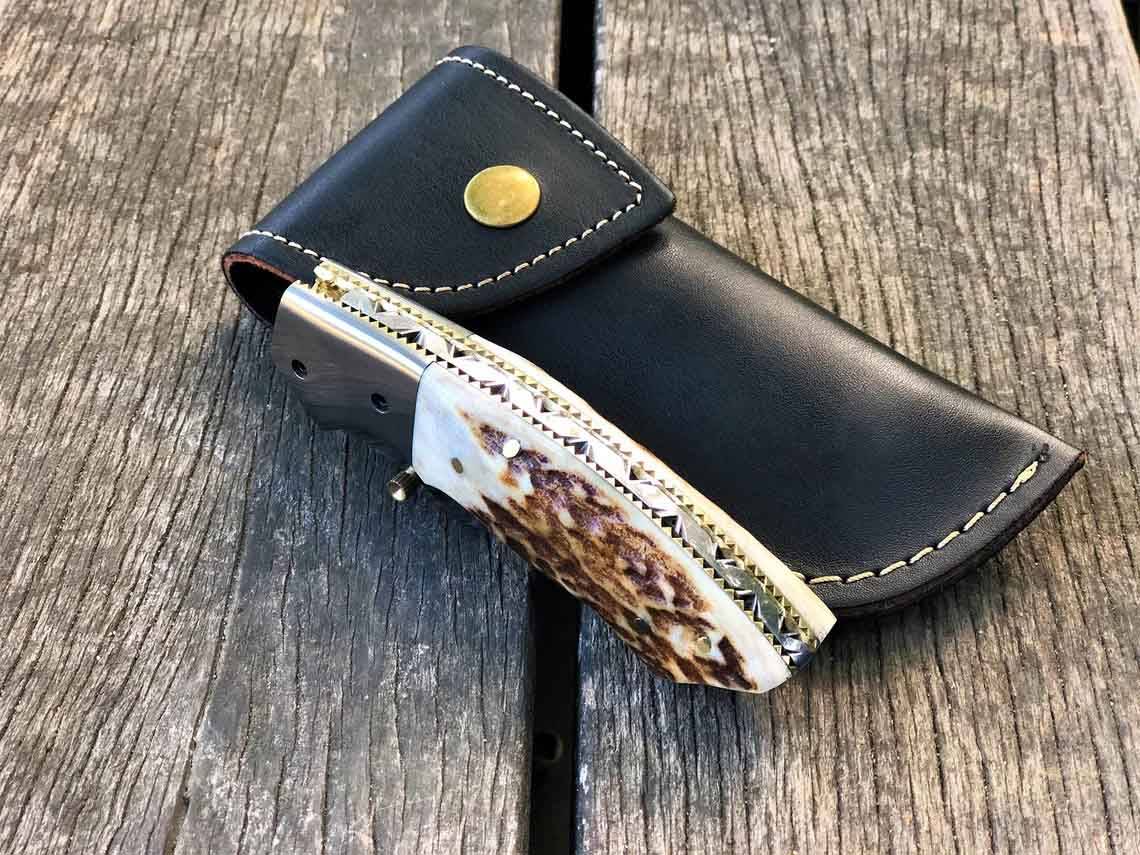 Damascus Pocket Knife Stag Antler Handle Twist Folding Blade
