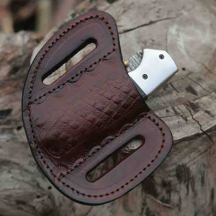 Damascus pocket knife , Custom folding knife, Cowboy trapper knife with leather sheath