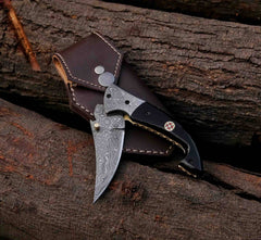 Handcrafted Real Damascus Pocket Knife with Rain Drop Pattern & Buffalo Horn Handle