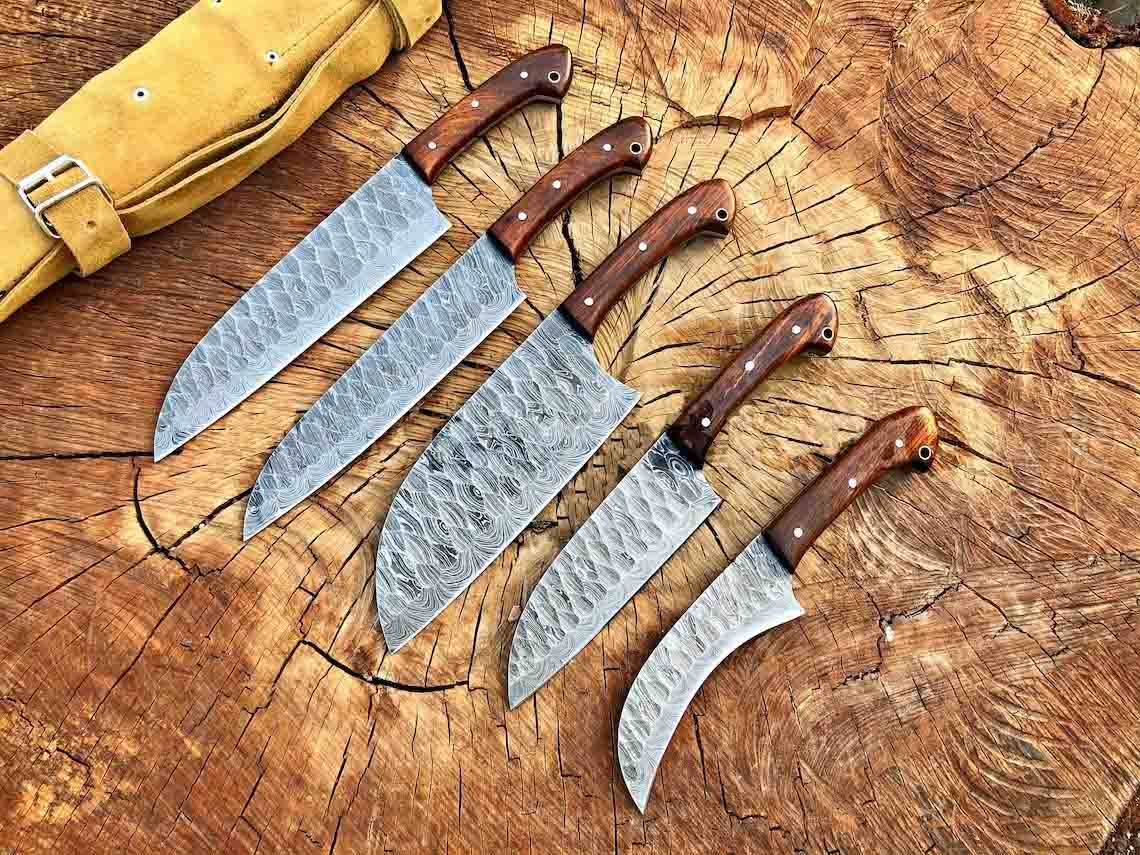 Professional 5-Piece Damascus Steel Chef Knife Set With Roll Bag