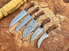 Professional 5-Piece Damascus Steel Chef Knife Set With Roll Bag
