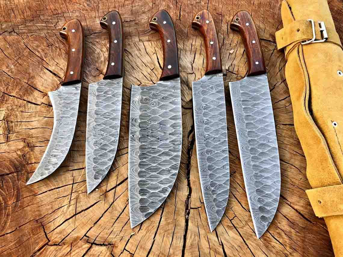 Professional Damascus steel chef knife set, 5-piece, with leather roll bag.