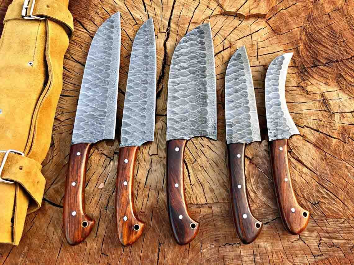 Buy Damascus steel chef knife set, 5-piece, with leather roll bag.