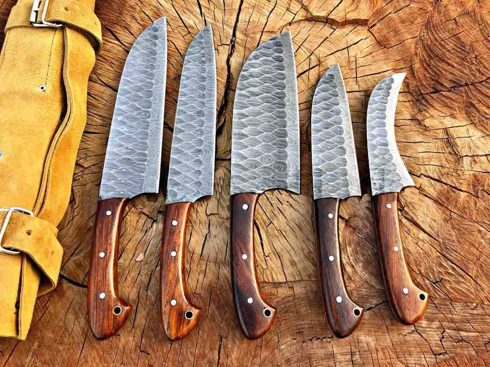 Buy Damascus steel chef knife set, 5-piece, with leather roll bag.